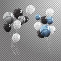 grupp färgade glansiga heliumballonger isolerade. uppsättning silver, svarta, blå och vita ballonger för födelsedagsfirande, festdekorationer vektor