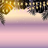 Sommerferienentwurfssonnenuntergang mit Palmblättern und gelben Girlandenlampenbirnen vektor
