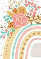 blommig regnbåge affisch. bebis rosa regnbåge bakgrund. barn födelsedag fest baner. vektor rosa natur illustration. summe bohemisk grafisk design. skön regnbåge med blommor, löv och växter