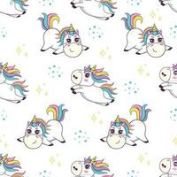 nahtlos Muster mit süß kawaii Einhorn mit Regenbogen Mähne und Horn im Anime Stil Springen vektor