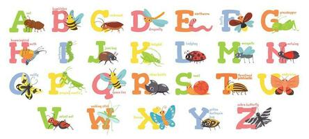 Karikatur Insekten Alphabet. komisch Fehler Briefe, Comic Insekt ABC zum Kinder und süß Fehler Vektor Illustration Satz. lehrreich Englisch Alphabet mit bunt Karikatur Figuren. primär Schule Bildung