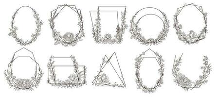 Hand gezeichnet Blumen- geometrisch Rahmen. Blume, Blätter und Geäst Kranz Rahmen zu schmücken Hochzeit Einladung. Blumen auf Grenzen Vektor einstellen