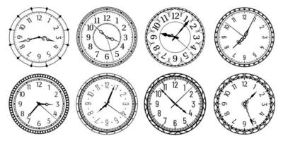 årgång runda klocka ansikte. antik klockor med arabicum siffror, retro watchface och antic klockor vektor illustration uppsättning