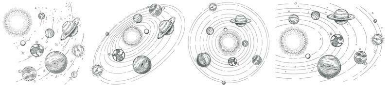 skiss sol- systemet. hand dragen planeter banor, planet och jord bana vektor illustration uppsättning. astronomi tema färg bok ritningar packa. himmelsk kroppar spinning runt om Sol i Centrum