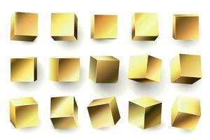 Gold Metall Würfel. realistisch geometrisch 3d Platz Form, golden metallisch Würfel und glänzend Gelb Formen Vektor Illustration einstellen