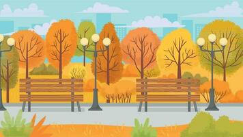 tecknad serie höst parkera. gul träd, stad parker miljö och natur panorama vektor bakgrund illustration