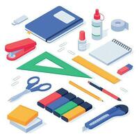 isometrisk kontor förnödenheter. skola brevpapper verktyg, penna suddgummi och pennor 3d vektor uppsättning