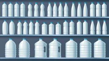 plast flaskor på hyllor. flaska destillerad vatten hylla, flytande drycker och ren mineral vatten Lagra vektor illustration