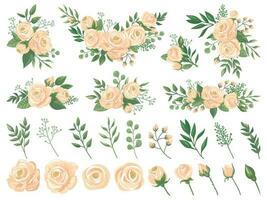 Blumen- Strauß. Rose Blumen, Gartenarbeit Rosen Blumensträuße und Pastell- Farben Blume Knospen mit Blütenblätter Karikatur Vektor Illustration einstellen