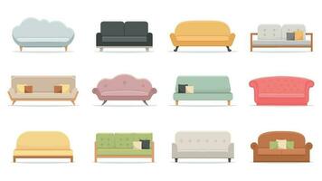 komfortabel Sofas. Luxus Couch zum Wohnung, Komfort Sofa Modelle und modern Haus Sofas eben Vektor Illustration einstellen