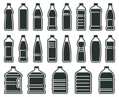 Plastik Flaschen Silhouette Symbol. Mineral Wasser trinken Flasche, Kühler rein Flüssigkeiten Paket Schablone Vektor Symbole einstellen