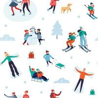 Winter Urlaub Aktivitäten nahtlos Muster. glücklich Menschen Gehen draussen, Dezember Ferien und Winter Schnee Spaß Vektor Illustration