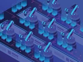 isometrisk trogen produktion linje. industriell lager automatisering, smart robot vapen och fabrik maskiner vektor illustration