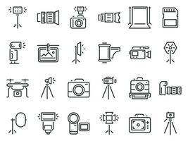 översikt Foto ikoner. fotografi studio ljus, filma kameror och kamera på stativ linje ikon vektor uppsättning