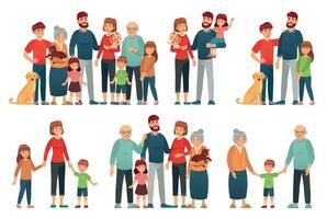 tecknad serie familj porträtt. Lycklig föräldrar och barn porträtt, gammal mormor och farfar. stor familj vektor illustration uppsättning