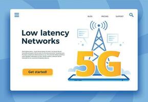 mobil 5g landning sida. snabb internet förbindelse, låg latens nät och kommunikation nätverk rapportering vektor illustration