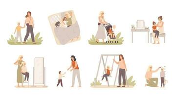 mor och barn. mamma spela med dotter och son, moderskap kärlek och Lycklig barn vektor illustration uppsättning