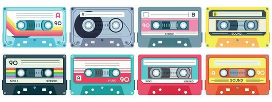retro Musik- Kassette. Stereo dj Band, Jahrgang 90er Jahre Kassetten Bänder und Audio- Band Vektor einstellen