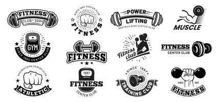 retro kondition märken. Gym emblem, sport märka och svart stencil bodybuilding bricka vektor uppsättning