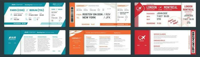 Flugzeug Eintrittskarten. Fluggesellschaft Fahrkarte Vorlage mit Passagier Name, Flugzeug Ausflug fliegend Tickets Vektor Illustration einstellen