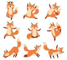 tecknad serie räv i yoga poserar. friska gymnastik, andas övningar och sport djur- maskot vektor illustration uppsättning