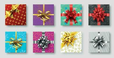 gåva lådor med band rosett. gåvor dekoration pilbågar, jul högtider topp se presenterar lådor 3d realistisk vektor illustration uppsättning