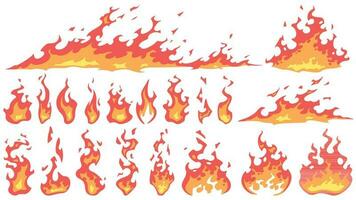 Karikatur Feuer Flammen. Feuerball Flamme, rot heiß Feuer und Lagerfeuer feurig Silhouetten Vektor Satz. Verbrennung Wirkung, gefährlich natürlich Phänomen. lodernd Lauffeuer isoliert auf Weiß Hintergrund