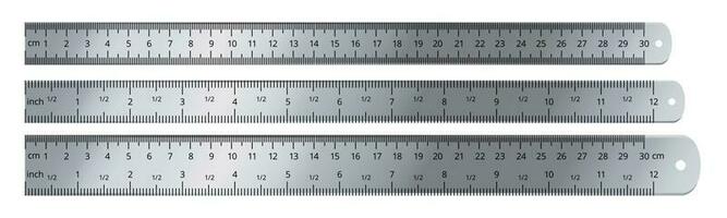 realistisch Metall Herrscher. Messung Werkzeug, 12 Zoll und 30 Zentimeter Lineale isoliert Vektor einstellen