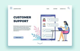 kund Stöd. personlig assistent, teknisk Stöd operatör hjälp klienter i chatt på smartphone skärm landning sida vektor illustration