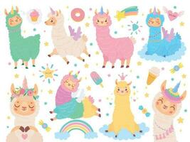 tecknad serie lama enhörning. Lycklig magi Färg lamadjur enhörningar, fluffig rosa alpacka päls vektor illustration uppsättning. söt exotisk djur- klistermärken samling. förtjusande peruvian fauna med tecknad serie symboler