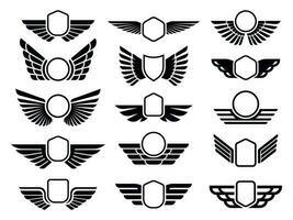 bevingad ramar. flygande fågel skydda emblem, Örn vingar bricka ram och retro flyg snabb vinge symbol vektor uppsättning
