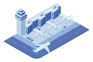 isometrisk flygplats terminal. jet flygplan på landningsbana, flygplan flyg resa och trafik kontrollera torn 3d vektor illustration