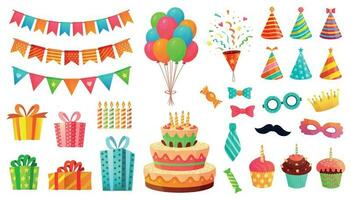 Karikatur Geburtstag Party Dekorationen. Geschenke die Geschenke, Süss Cupcakes und Feier Kuchen. bunt Luftballons Vektor Illustration einstellen