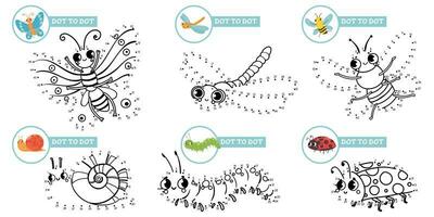 verbinden Punkte Karikatur Insekten Spiel. süß Insekt Punkt zu Punkt Bildung Spiele zum Kleinkinder, abspielen mit Vorschule Kinder Vektor Illustration einstellen