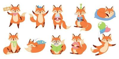 Karikatur Fuchs Maskottchen. komisch Tier Charakter, süß rot Füchse mit schwarz Pfoten Vektor Illustration einstellen