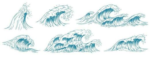Meer Wellen skizzieren. Sturm Welle, Jahrgang Tide und Ozean Strand Stürme Hand gezeichnet Vektor Illustration einstellen