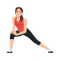 kvinna håller på med höft flexor sträckor till släpp åtdragning och få flexibilitet i din höfter. vektor