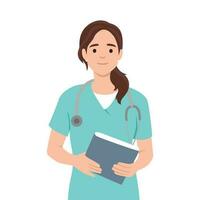 jung Krankenschwester im Uniform halten Notizbuch und Stift zu nehmen Anmerkungen, Gesundheit Arbeiter Praktikant Frau Stehen und lächelnd vektor