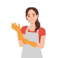 schützend Arbeit Kleider und Zubehör Konzept. jung Frau Arzt oder Kosmetikerin Putten Weiß Latex schützend medizinisch Handschuhe vektor