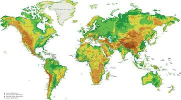 physisch Welt Karte Vektor Illustration mit Städte, Länder und International Grenzen