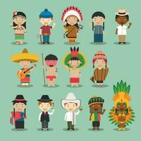 Kinder und Nationalitäten von das Welt Vektor Illustration. Amerika einstellen 4. einstellen von 14 Zeichen gekleidet im anders National Kostüme.