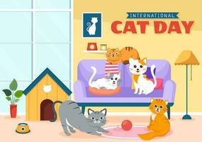 internationell katt dag vektor illustration på augusti 8 med katter djur kärlek firande i platt tecknad serie hand dragen bakgrund mallar
