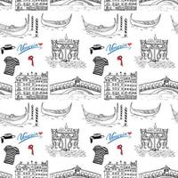 Hand gezeichnete Skizze des nahtlosen Musters von Venedig Italien mit Gondeln Gondolierkleidung beherbergt Marktbrücke und Kaffeetisch mit Stühlen Gekritzelzeichnung lokalisiert auf Weiß vektor