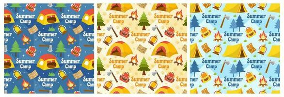 einstellen von Sommer- Lager nahtlos Muster Design von Camping und Reisen Element im Vorlage Hand gezeichnet Karikatur eben Illustration vektor