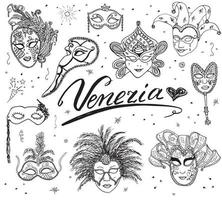 Venedig Italien skiss karneval venetianska masker handritad uppsättning ritning klotter samling isolerad vektor