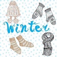 Wintersaison-Set kritzelt Elemente handgezeichnetes Set mit warmen Kleidersocken und Hut- und Schriftwort vektor