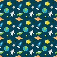 söt astronaut Plats sömlös mönster. vektor yttre Plats illustration. sömlös mönster med tecknad serie Plats raketer, planeter, stjärnor och Sol.