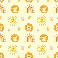 süß nahtlos Muster Design von Löwe Kopf, Sonne und Regenbogen, Kinder Karikatur Vektor Illustration