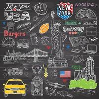 New York City Kritzeleien Elemente Sammlung Hand gezeichnet mit Taxi Kaffee Hotdog Burger Statue der Freiheit Broadway Musik Kaffee Zeitung Manhattan Bridge Central Park auf Tafel gesetzt