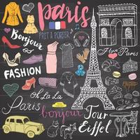 Paris Gekritzel Elemente Hand gezeichnet Set mit Eiffelturm gezüchtet Café Taxi Triumph Bogen Notre Dame Kathedrale Mode Element Katze und Französisch Bulldogge Zeichnung Gekritzel Sammlung auf Tafel vektor